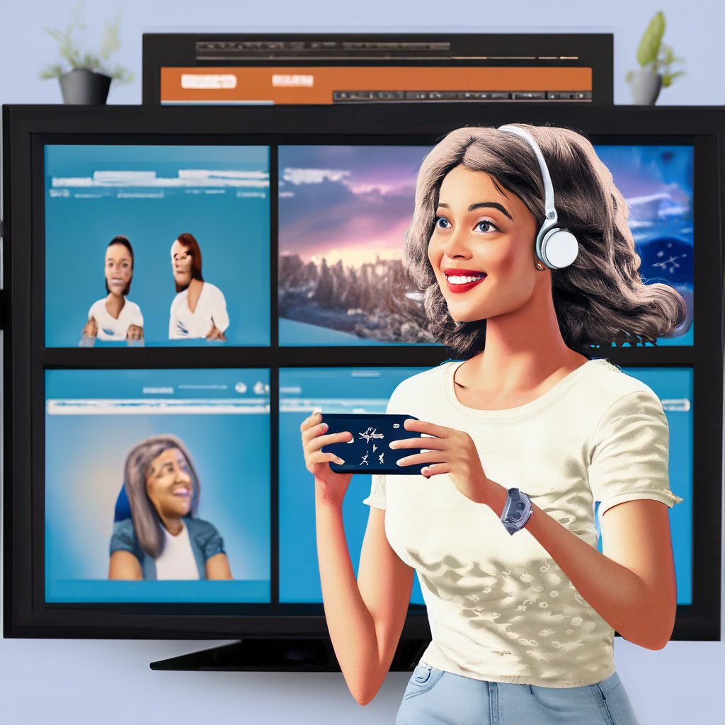 An enthusiastic content creator engages with viewers using interactive features on a Smart TV app.