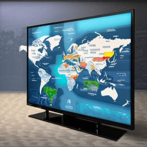 A world map displayed on a Smart TV screen, showcasing various regions and countries to symbolize the global reach and audience potential of Smart TVs for content creators.