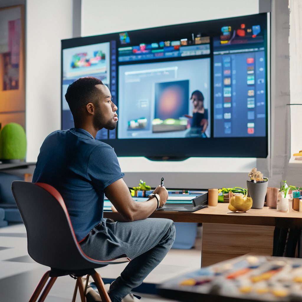 A content creator sits at a desk, working on a project with a Smart TV screen in the background displaying their content creation tools and materials.