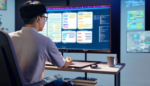 A developer coding on a laptop with a Roku logo in the background.